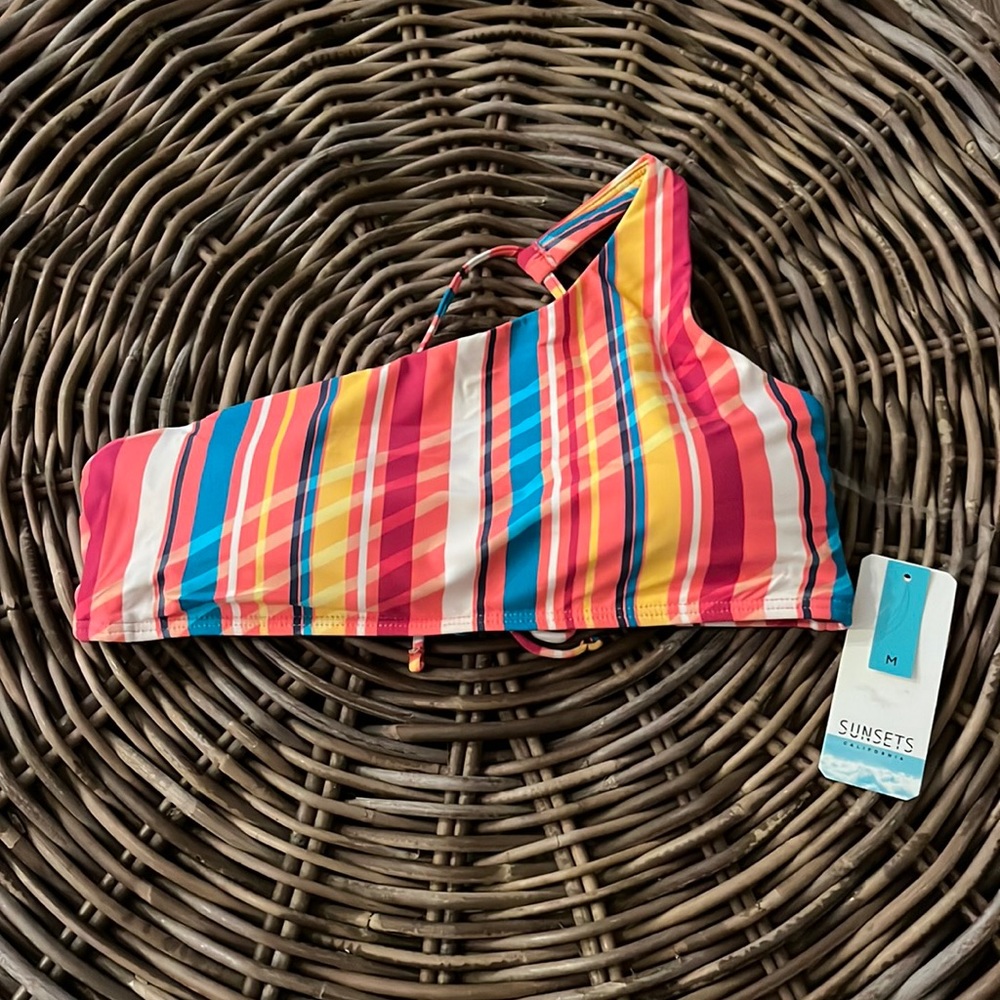 Sunsets Bungalow Stripe Cleo Asymmetric Bralette Bikini Top,Medium,NWT